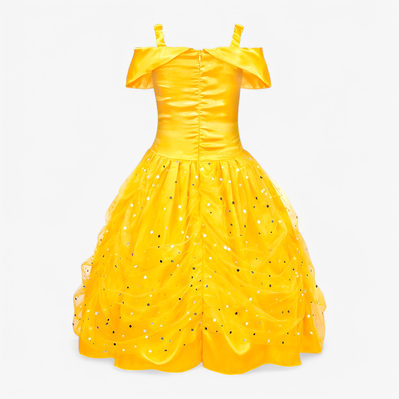 Złota sukienka księżniczki z dodatkami dla dziewczynek – zawiera tiarę, magiczną różdżkę, biżuterię i rękawiczki