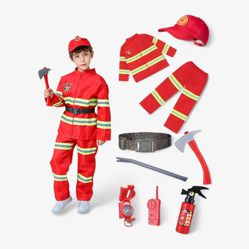Brave Firefighter Costume for Kids – Set with Jacket, Hat, Tools, and Accessories