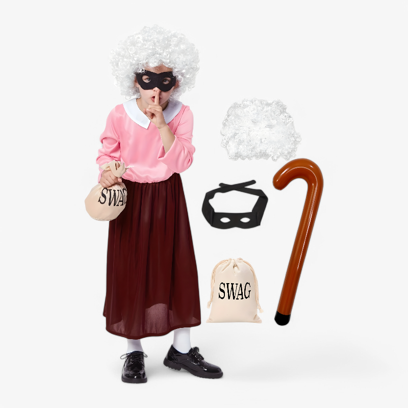 Old Lady Thief Costume for Children – Includes Wig, Mask, Stick, and Bag