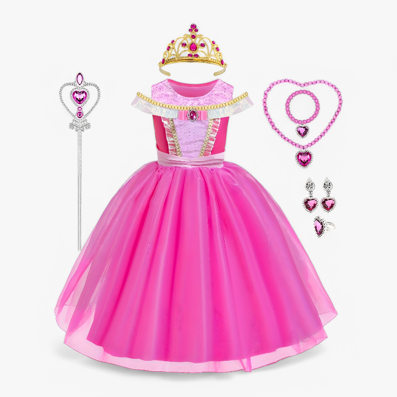 Rose-Pink Princess Outfit for Girls – Includes Crown and Accessories