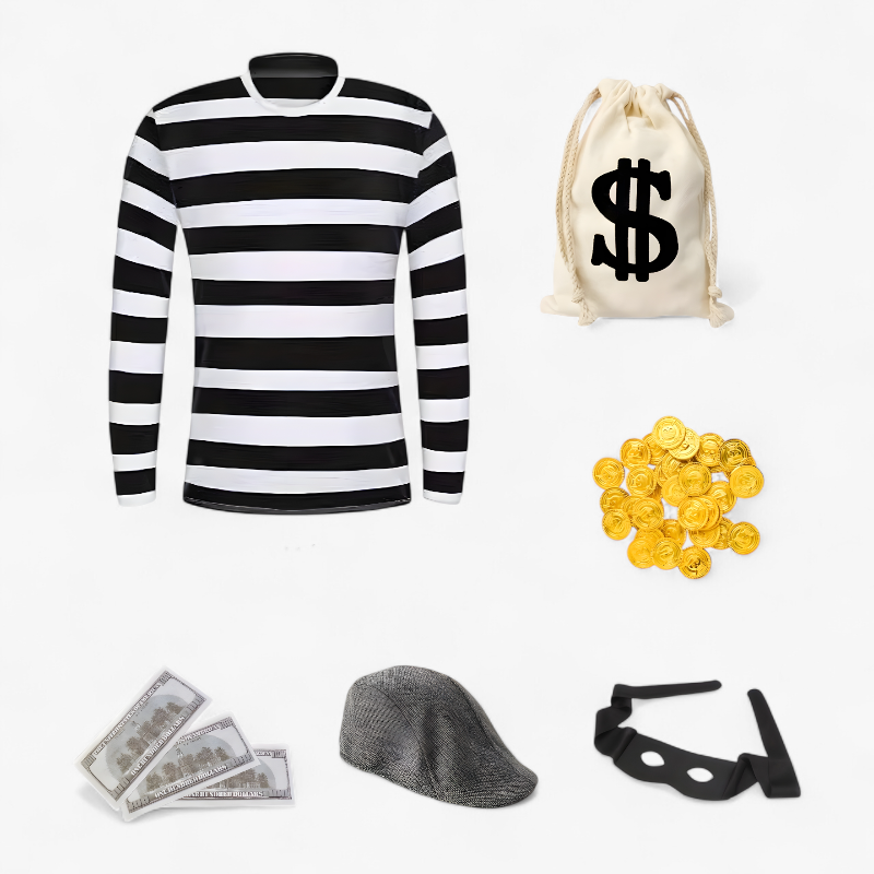 Thief Costume for Children – Includes Top, Bag, Hat, and Mask