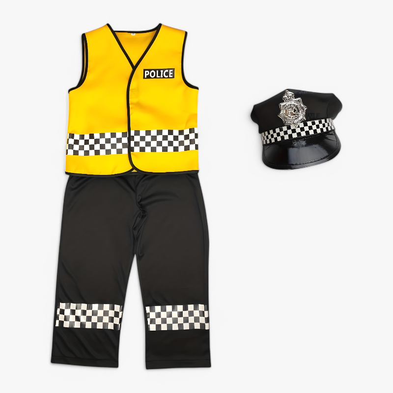 Police Costume for Kids – Yellow Vest, Checkered Accents, and Hat with Accessories