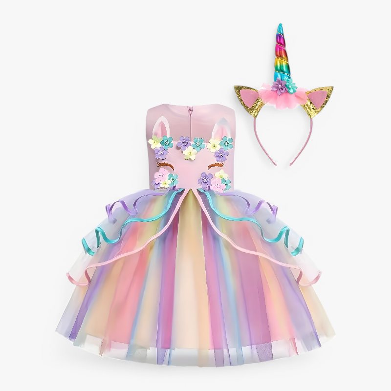 Imaginative Unicorn Princess Dress – With Flowers and Colorful Tulle