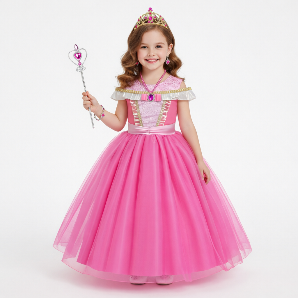 Rosafarbenes Prinzessinnen-Outfit für Mädchen – inklusive Krone und Accessoires