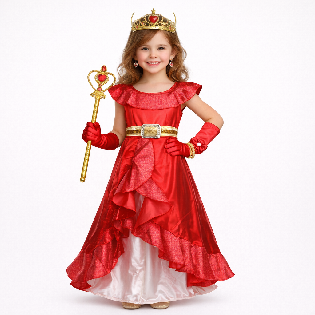 Elegantes rotes Prinzessinnenkleid für Kinder – inklusive Tiara, Zauberstab und Schmuck
