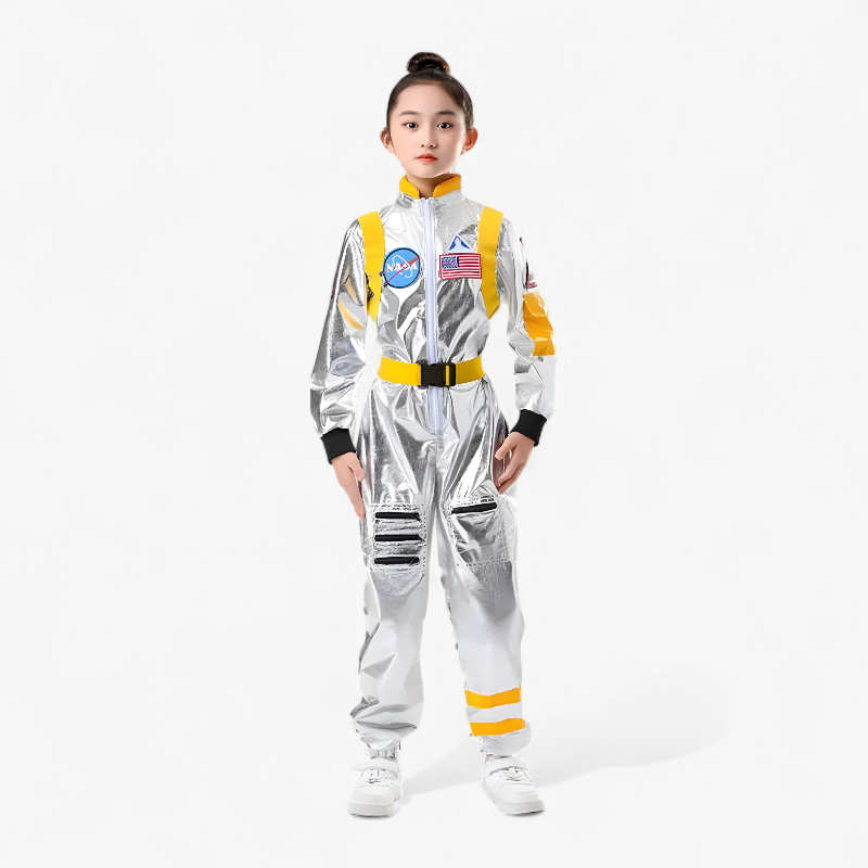 Astronaut Costume for Kids – Shiny Silver Jumpsuit with NASA Logo
