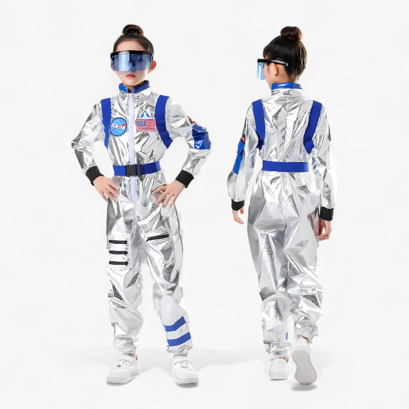 Astronaut Costume for Kids – Shiny Silver Jumpsuit with NASA Logo