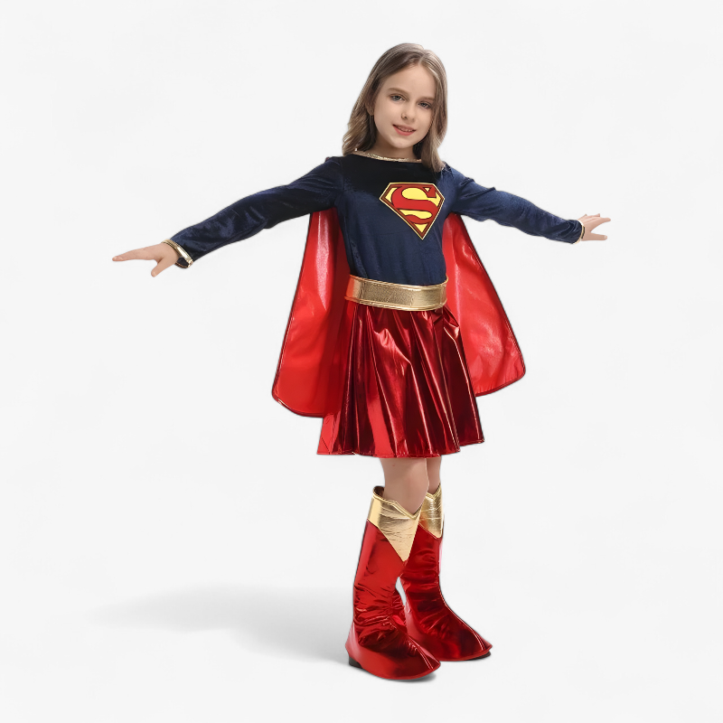 Supergirl Costume – Stylish Superhero Jumpsuit with Cape and Boots for Girls