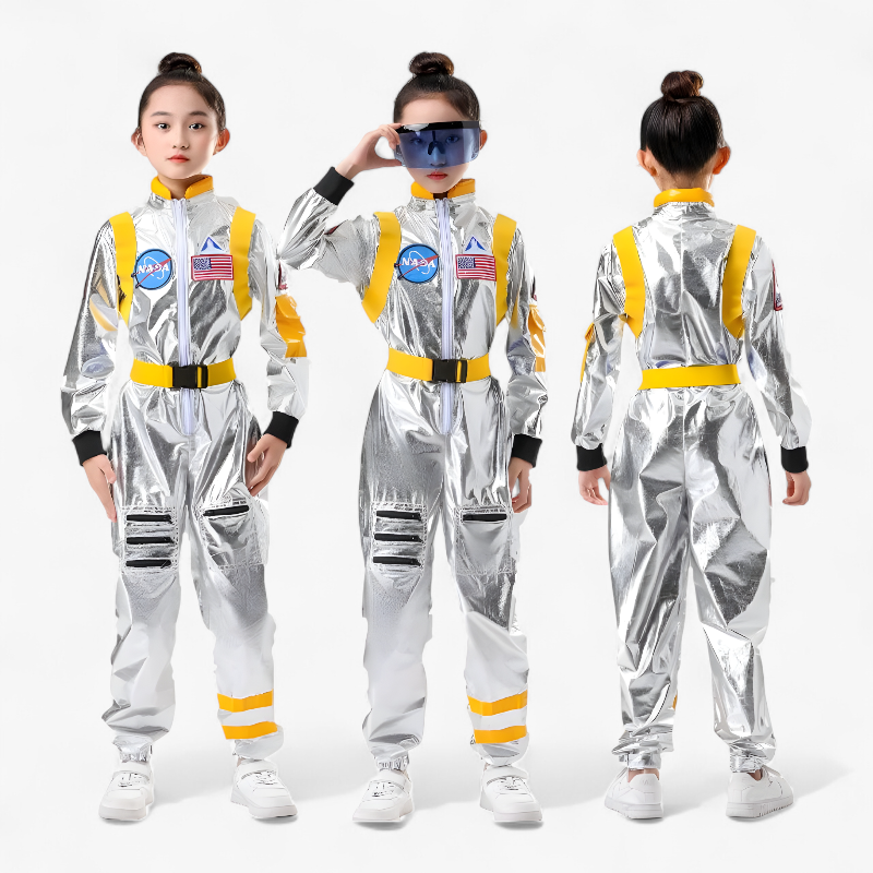 Astronaut Costume for Kids – Shiny Silver Jumpsuit with NASA Logo
