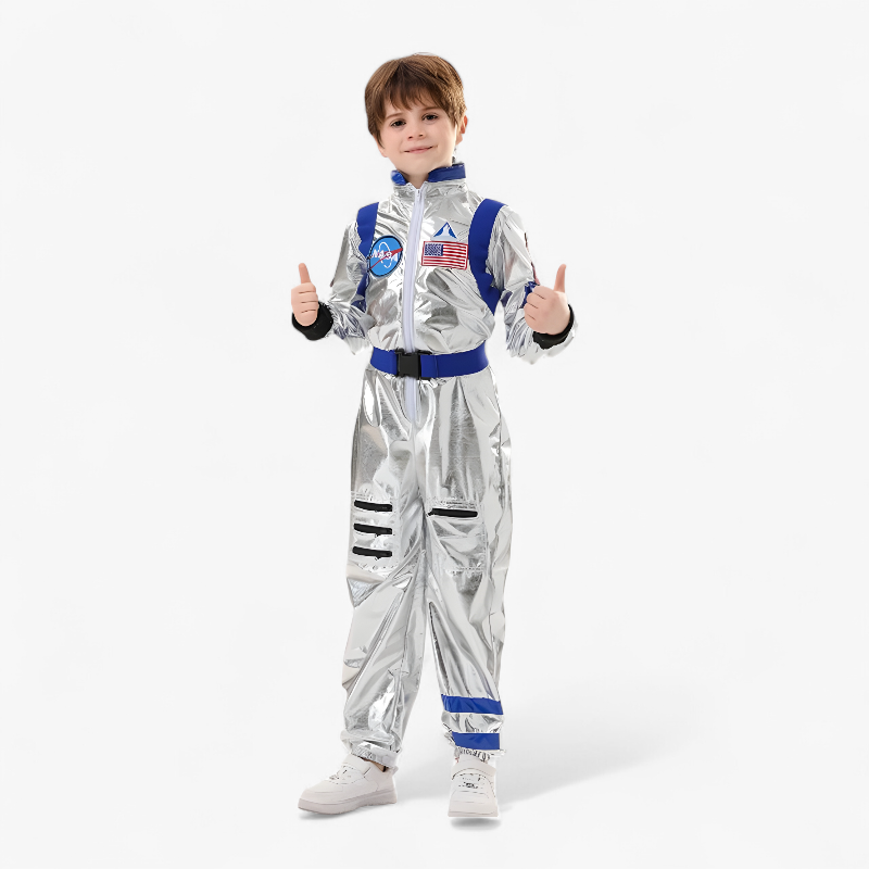 Astronaut Costume for Kids – Shiny Silver Jumpsuit with NASA Logo