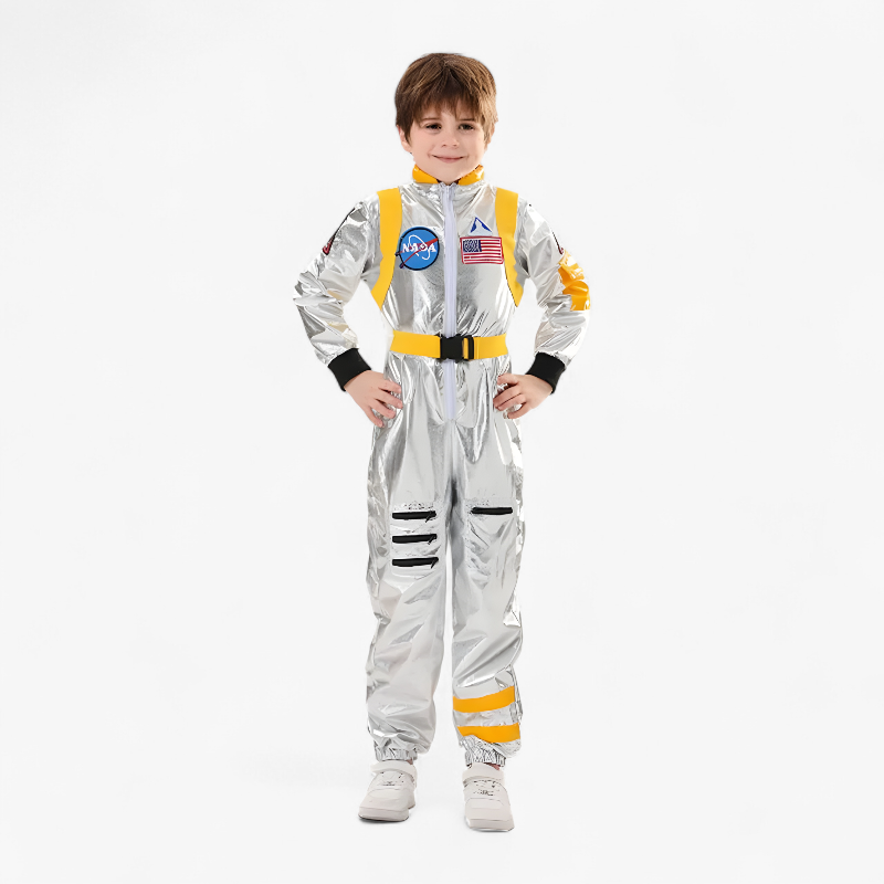 Astronaut Costume for Kids – Shiny Silver Jumpsuit with NASA Logo