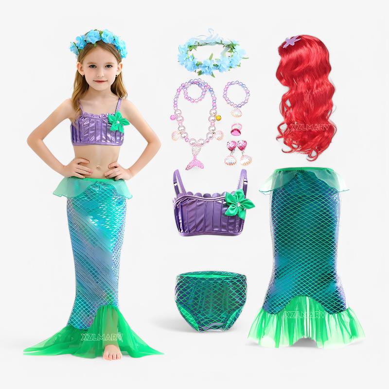 Magical Mermaid Costume for Children – Includes Hair Accessories and Jewelry