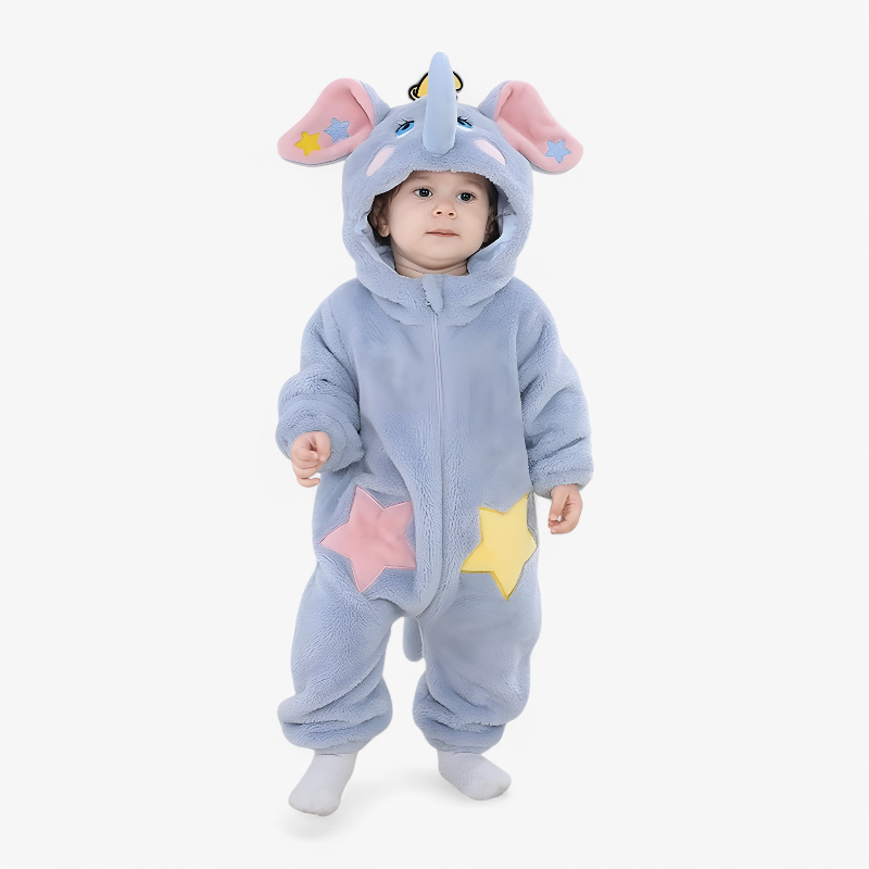 Cute Elephant Baby Onesie – Flannel Romper with Stars, Ears, and Trunk for Babies