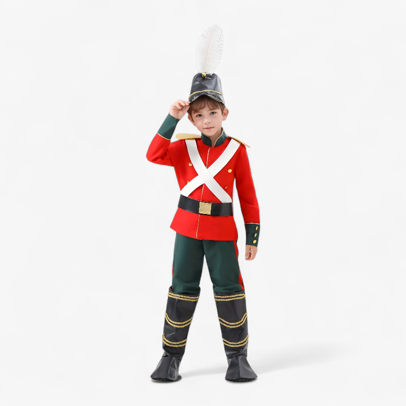 Elegant Soldier Outfit for Children – Includes Red Jacket, Black Boots, and Feathered Hat