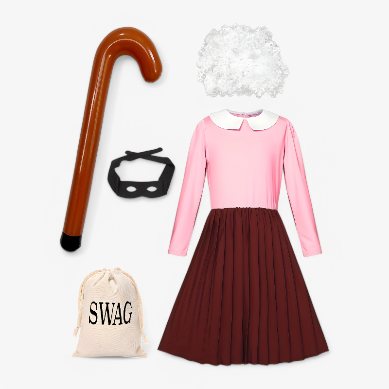 Old Lady Thief Costume for Children – Includes Wig, Mask, Stick, and Bag