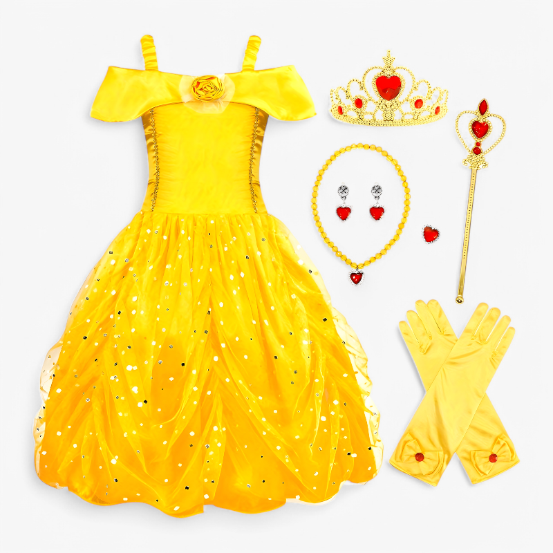 Złota sukienka księżniczki z dodatkami dla dziewczynek – zawiera tiarę, magiczną różdżkę, biżuterię i rękawiczki