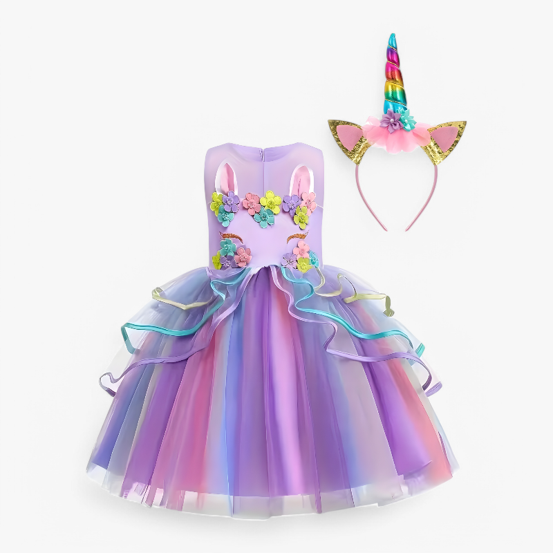 Imaginative Unicorn Princess Dress – With Flowers and Colorful Tulle