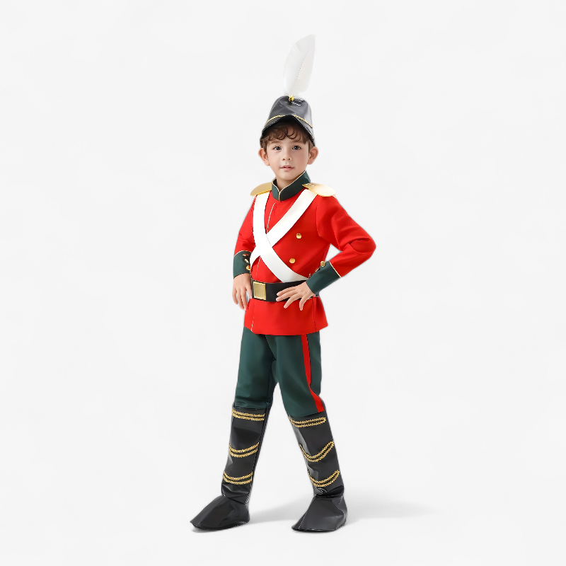 Elegant Soldier Outfit for Children – Includes Red Jacket, Black Boots, and Feathered Hat