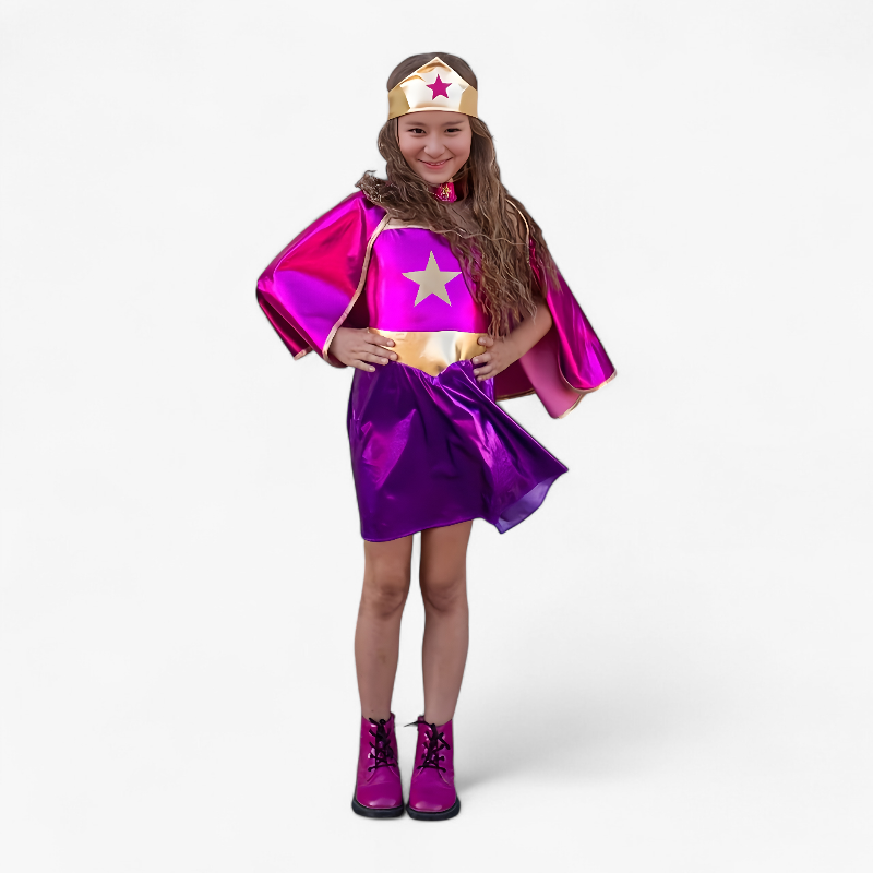 Superhero Costume for Children – Includes Cape, Headpiece, and Dress