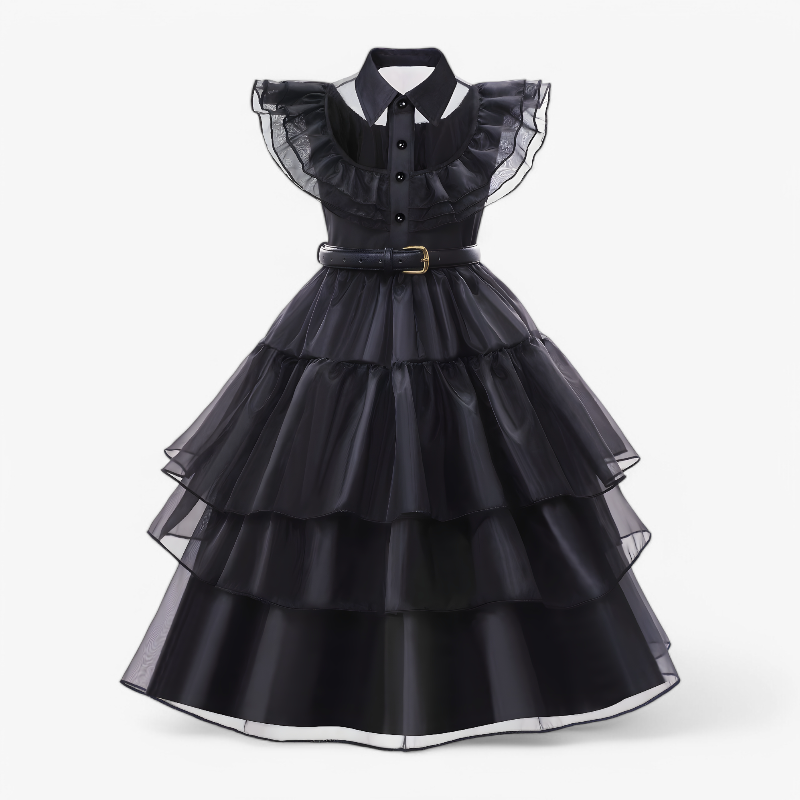 Tajemniczy gotycki kostium dla dziewcząt – zawiera perukę, skarpetki, rękawiczki i zestaw biżuterii