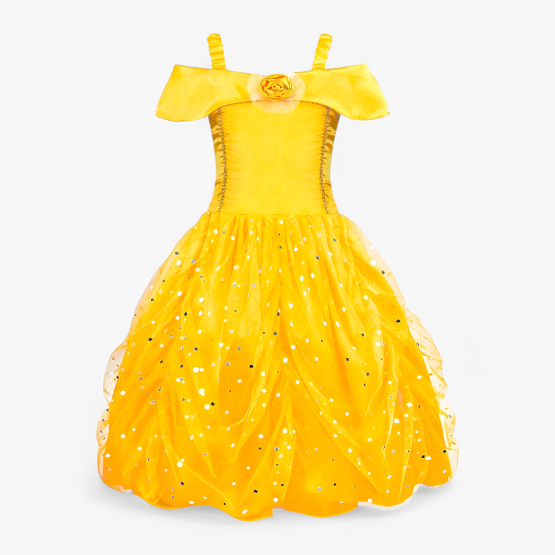 Złota sukienka księżniczki z dodatkami dla dziewczynek – zawiera tiarę, magiczną różdżkę, biżuterię i rękawiczki