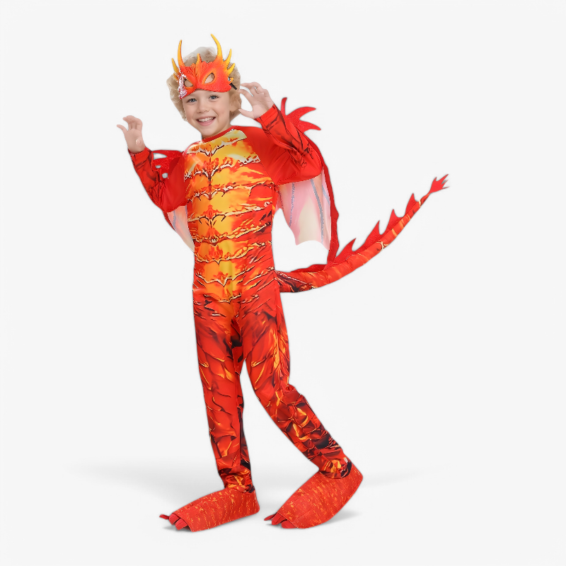 Flaming Dragon Costume for Kids – Complete Outfit with Mask, Wings, and Tail