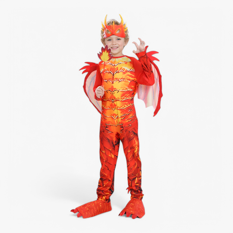 Flaming Dragon Costume for Kids – Complete Outfit with Mask, Wings, and Tail