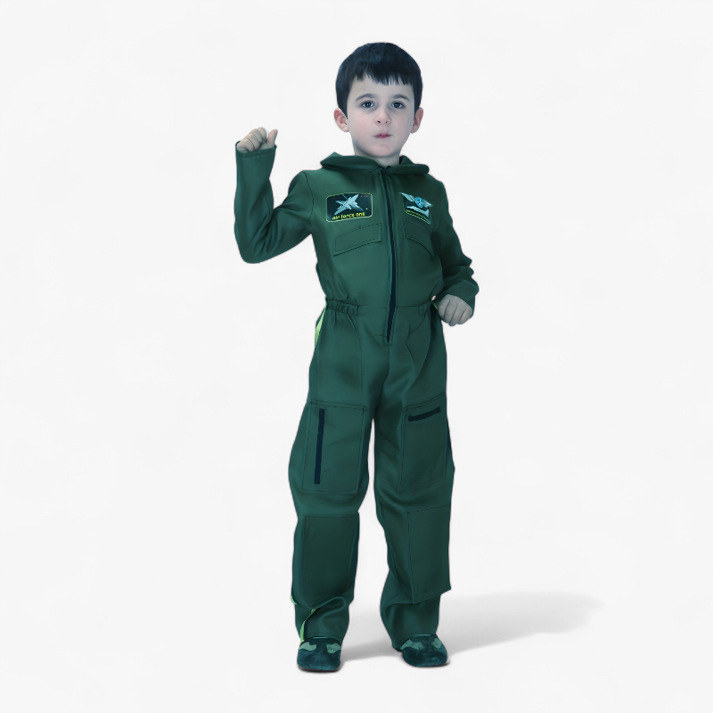 Air Force Costume for Kids – Pilot Jumpsuit with Emblems and Detailed Pockets