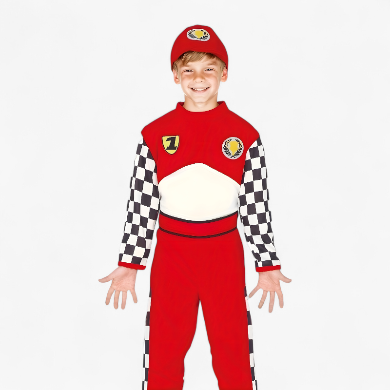 Race Car Costume for Kids – Includes Hat and Striped Details