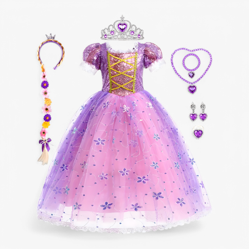 Enchanting Purple Princess Dress for Girls – Includes Crown, Necklace, Ring, and Bag