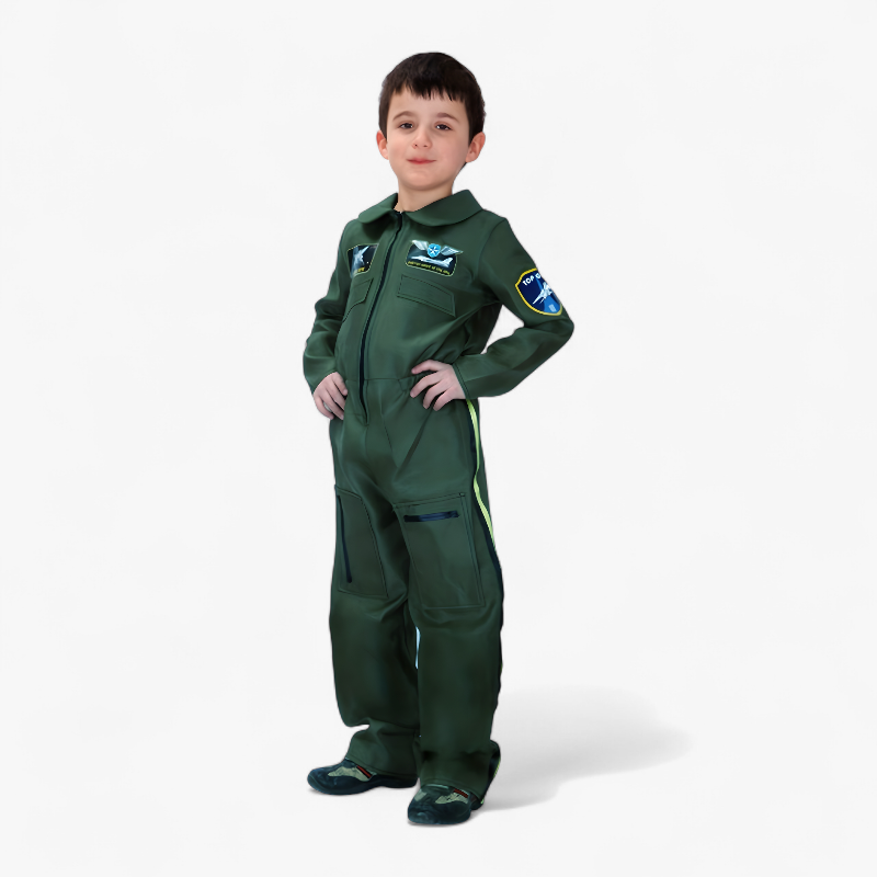 Air Force Costume for Kids – Pilot Jumpsuit with Emblems and Detailed Pockets