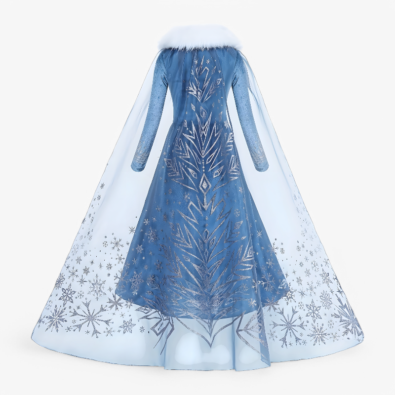 Enchanting Princess Costume for Children – Snowflake Print with Fur Collar, Crown, and Star Wand