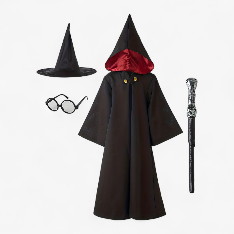 Zestaw kostiumu czarodzieja dla chłopców – zawiera pelerynę, kapelusz, różdżkę i okulary do magicznych przygód