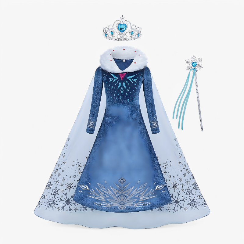 Enchanting Princess Costume for Children – Snowflake Print with Fur Collar, Crown, and Star Wand