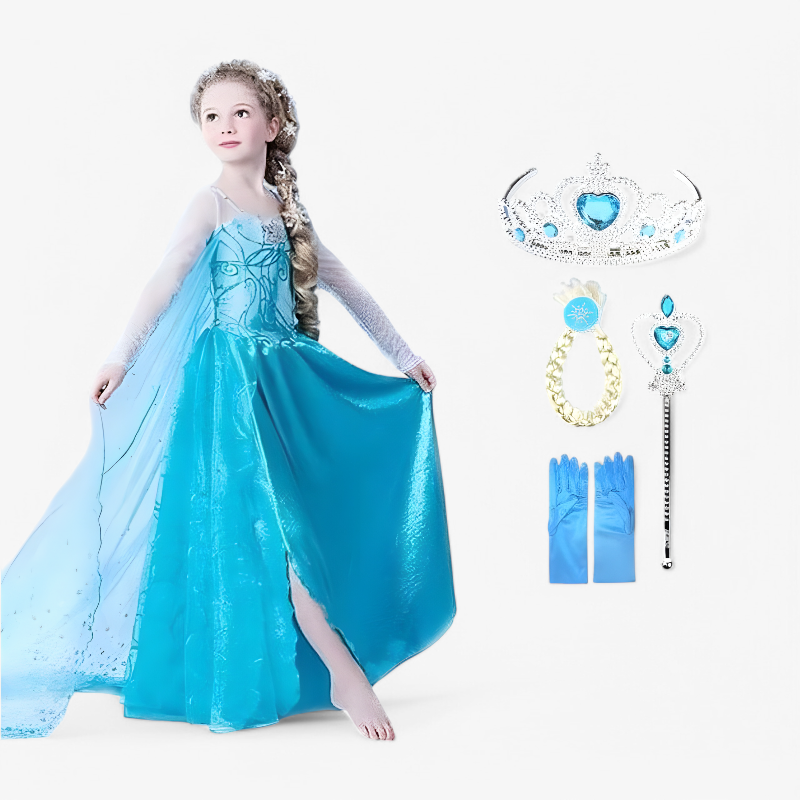 Enchanting Elsa Princess Costume for Kids – Complete with Tiara, Magic Wand, and Gloves
