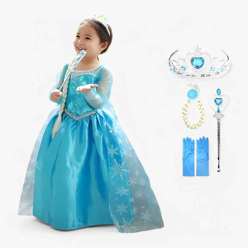Enchanting Elsa Princess Costume for Kids – Complete with Tiara, Magic Wand, and Gloves