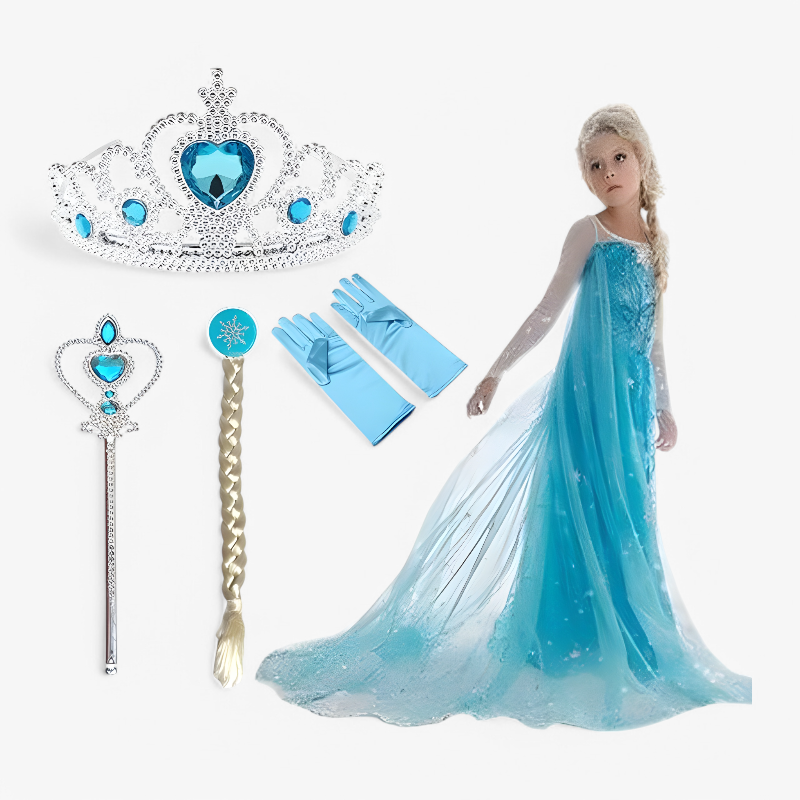 Enchanting Elsa Princess Costume for Kids – Complete with Tiara, Magic Wand, and Gloves