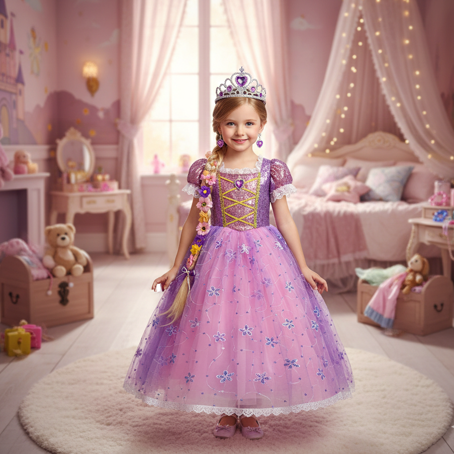 Urzekająca fioletowa sukienka księżniczki – zawiera koronę, biżuterię i torebkę