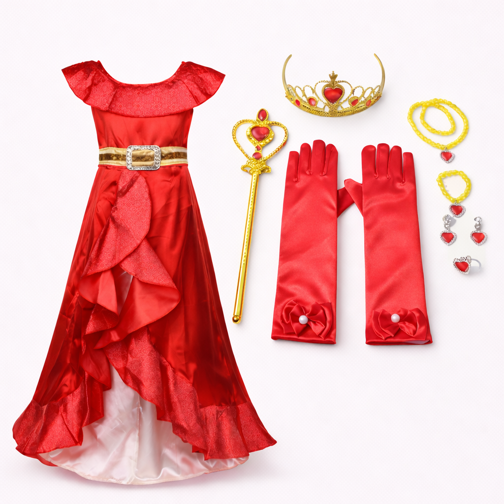 Elegantes rotes Prinzessinnenkleid für Kinder – inklusive Tiara, Zauberstab und Schmuck
