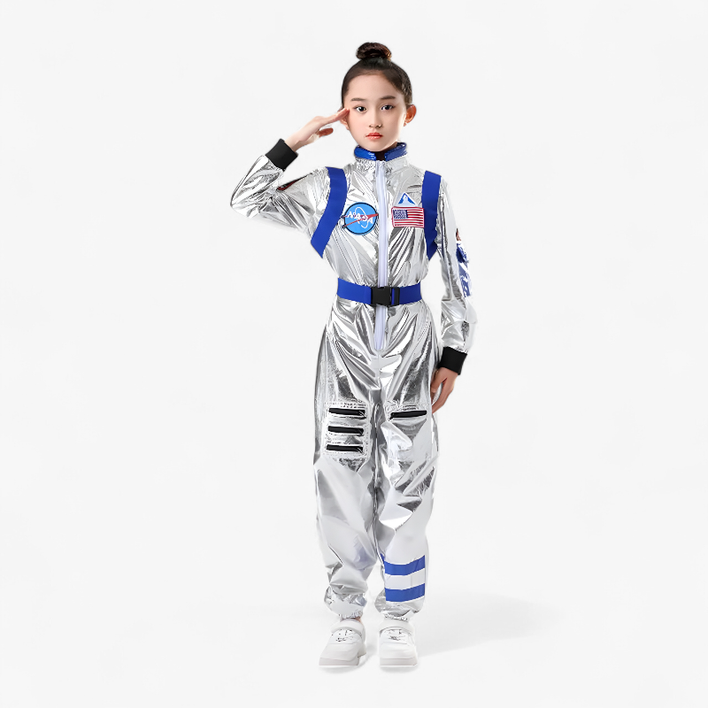 Astronaut Costume for Kids – Shiny Silver Jumpsuit with NASA Logo