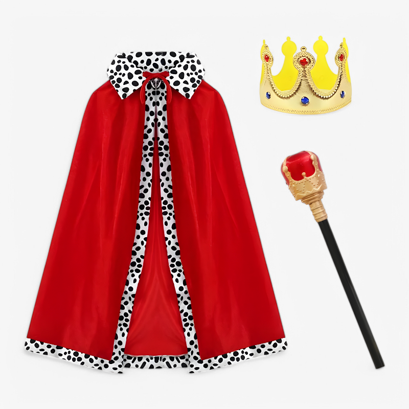 Royal Costume for Children – Includes Red Velvet Cape, Crown, and Staff