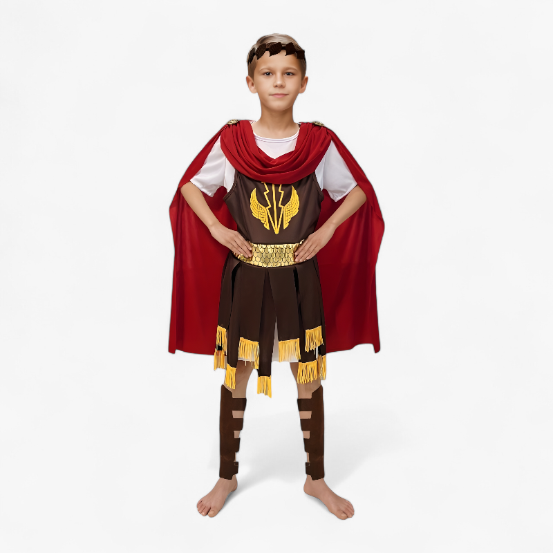Roman General Costume for Children – Includes Headpiece, Cape, and Leg Guards
