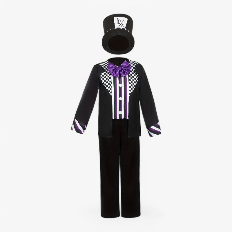 Cheerful Clown Costume for Boys – Black with Purple Accents, Hat and Bow Tie