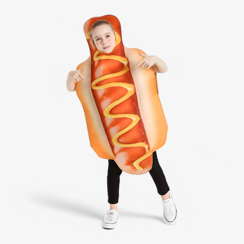 Funny Hotdog Costume for Kids – Complete with Ketchup and Mustard Elements