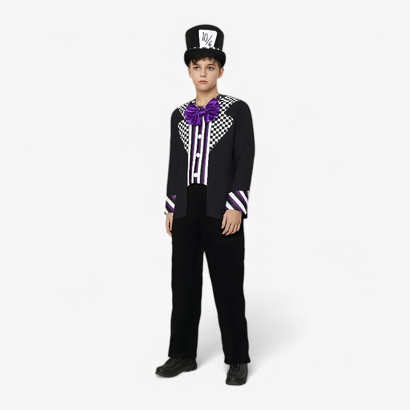 Cheerful Clown Costume for Boys – Black with Purple Accents, Hat and Bow Tie