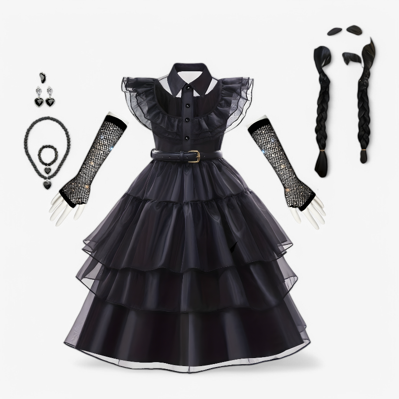 Tajemniczy gotycki kostium dla dziewcząt – zawiera perukę, skarpetki, rękawiczki i zestaw biżuterii