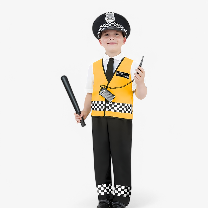 Police Costume for Kids – Yellow Vest, Checkered Accents, and Hat with Accessories