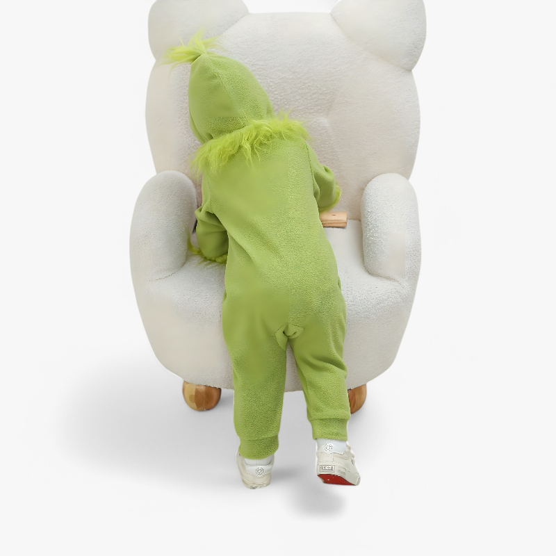 Zielony kombinezon-potwork dla dzieci – z puszystym kapturem i detalami